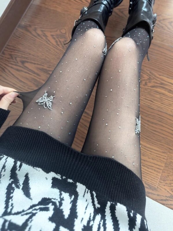 Najlonke s leptirima rhinestones, ultra tanke, 0D denier, najlon, anti-raspucavanje