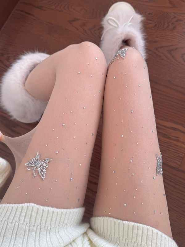 Najlonke s leptirima rhinestones, ultra tanke, 0D denier, najlon, anti-raspucavanje