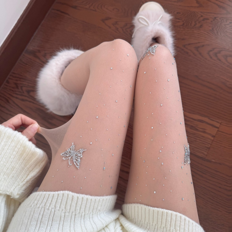 Najlonke s leptirima rhinestones, ultra tanke, 0D denier, najlon, anti-raspucavanje