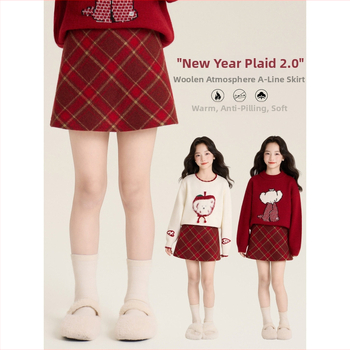 Amybaby djevojčja midi suknja A-linije, zima 2025, vintage vunena, studentski stil