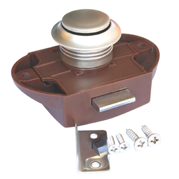 Lechi RV szekrényzár gombbal – motorházakhoz és utánfutókhoz, mentőkhöz és kereskedelmi járművekhez; ABS zártest, cinkötvözet zárnyelv, 304 rozsdamentes acél alkatrészek, testreszabható