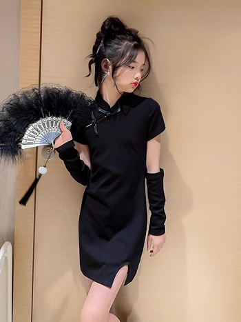 Kínai stílusú lányruha, A-vonalú szabás, poliészter keverék 70–80%, bélés poliészter, nyári 2024 megjelenés, lányoknak 8 éves vagy idősebbeknek