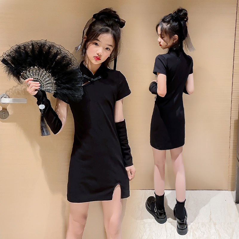 Kínai stílusú lányruha, A-vonalú szabás, poliészter keverék 70–80%, bélés poliészter, nyári 2024 megjelenés, lányoknak 8 éves vagy idősebbeknek