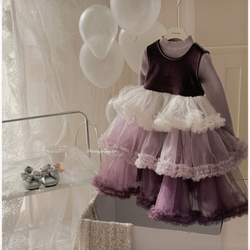 Lányoknak szóló hercegnőruha puffos szoknyával, poliészter, téli kollekció 2025, 3–8 éveseknek