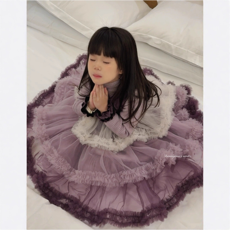 Lányoknak szóló hercegnőruha puffos szoknyával, poliészter, téli kollekció 2025, 3–8 éveseknek