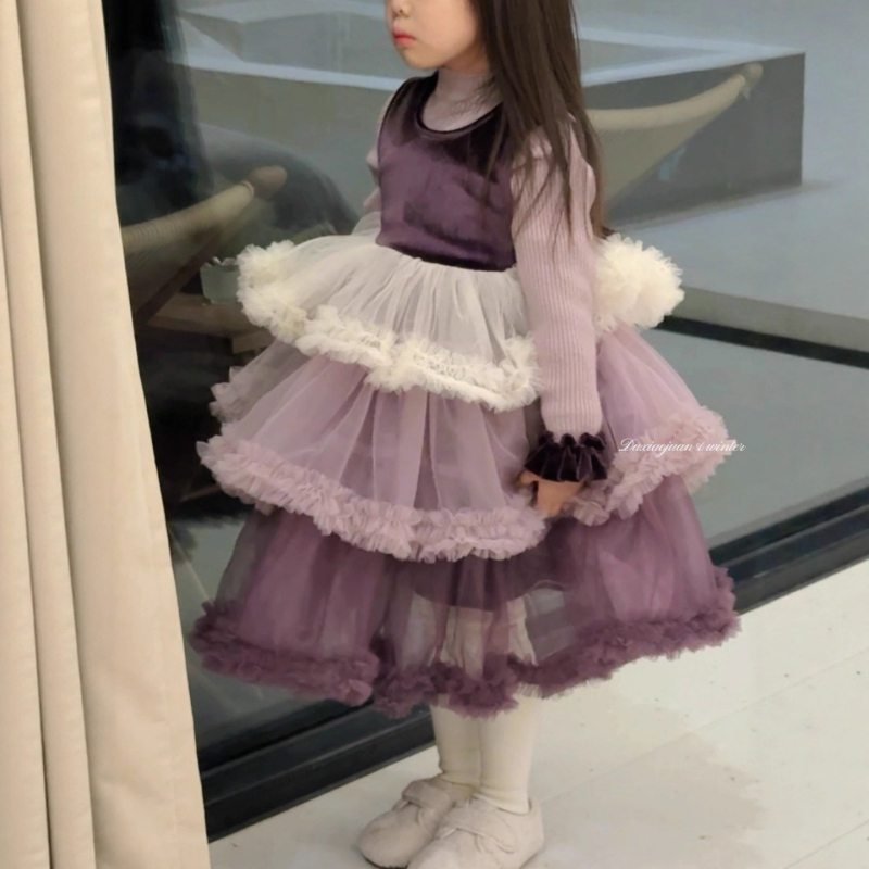 Lányoknak szóló hercegnőruha puffos szoknyával, poliészter, téli kollekció 2025, 3–8 éveseknek