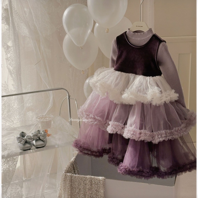 Lányoknak szóló hercegnőruha puffos szoknyával, poliészter, téli kollekció 2025, 3–8 éveseknek