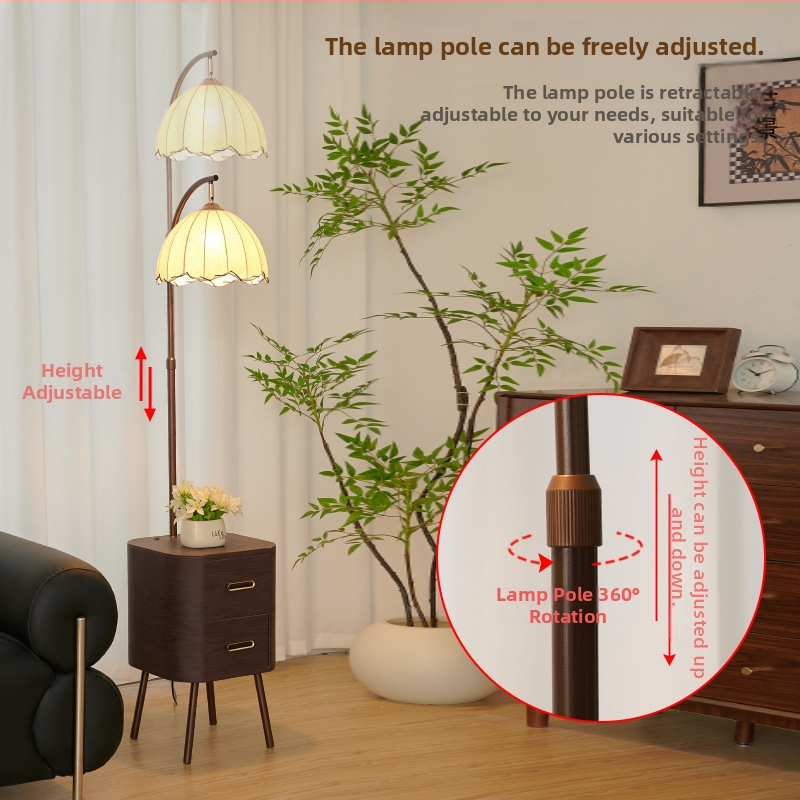 Podlahová lampa LED, akrylové tienidlo, telo z dreva a železa, osvetlenie 3–5 m²