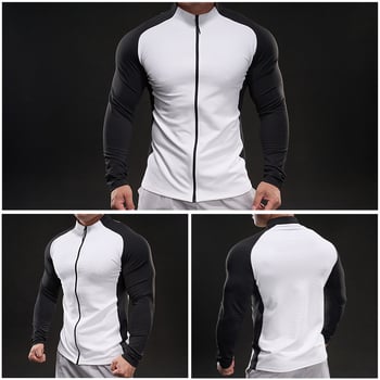 Muški sportski T-shirt s dugim rukavima, stojeći ovratnik, blok boja, uski kroj, brzo suši
