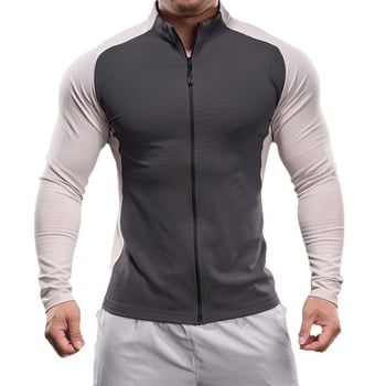 Muški sportski T-shirt s dugim rukavima, stojeći ovratnik, blok boja, uski kroj, brzo suši