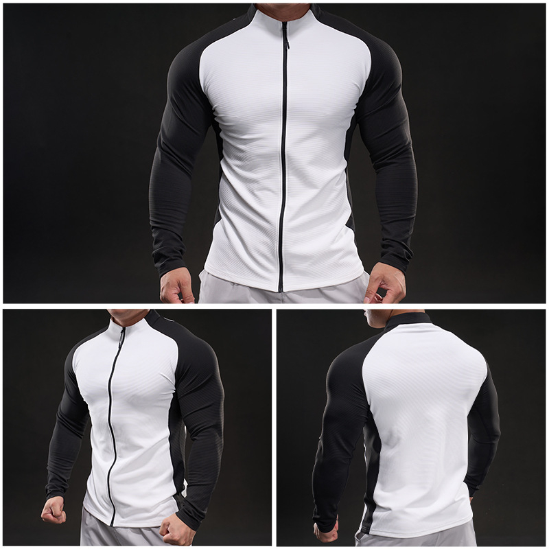 Muški sportski T-shirt s dugim rukavima, stojeći ovratnik, blok boja, uski kroj, brzo suši