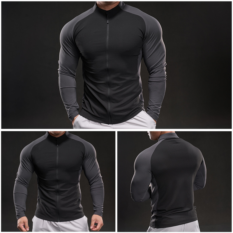 Muški sportski T-shirt s dugim rukavima, stojeći ovratnik, blok boja, uski kroj, brzo suši