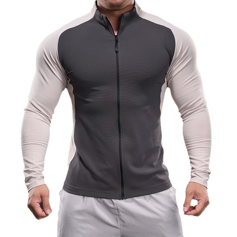 Muški sportski T-shirt s dugim rukavima, stojeći ovratnik, blok boja, uski kroj, brzo suši