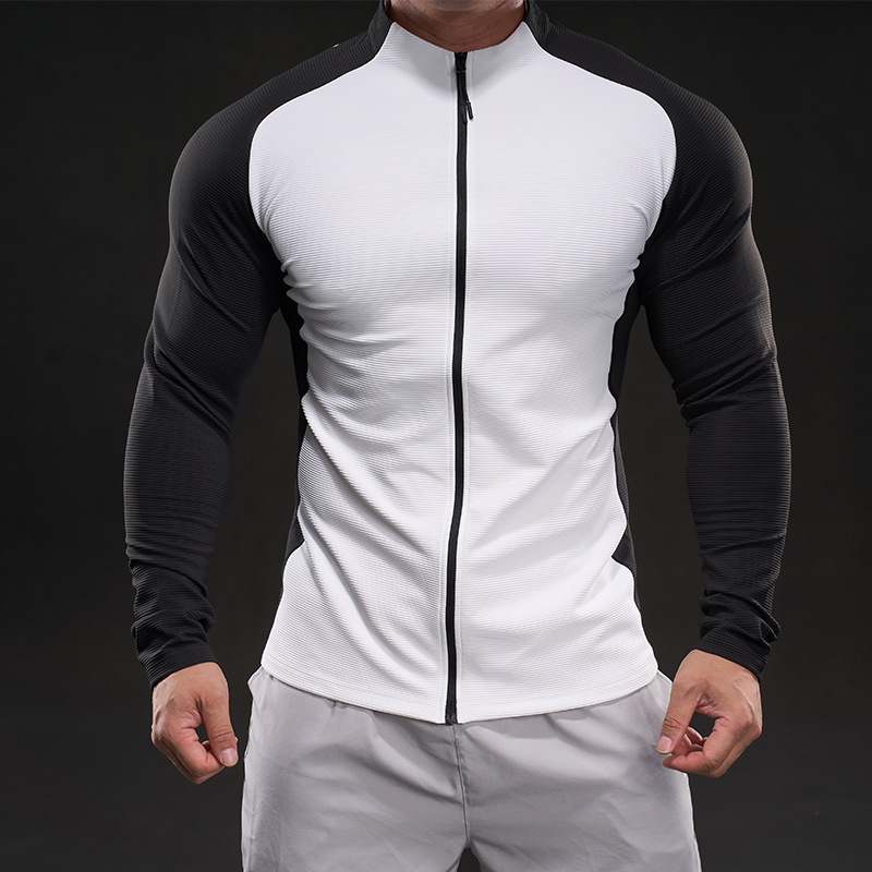 Muški sportski T-shirt s dugim rukavima, stojeći ovratnik, blok boja, uski kroj, brzo suši