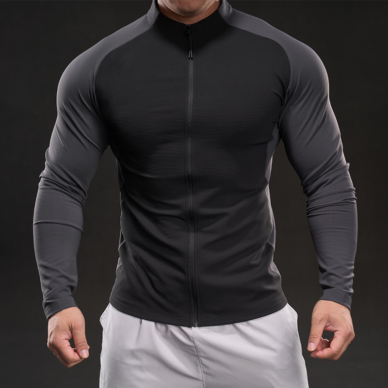 Muški sportski T-shirt s dugim rukavima, stojeći ovratnik, blok boja, uski kroj, brzo suši
