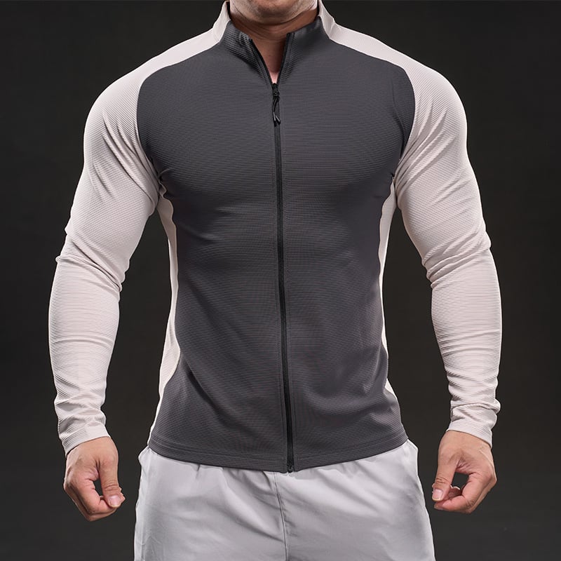 Muški sportski T-shirt s dugim rukavima, stojeći ovratnik, blok boja, uski kroj, brzo suši