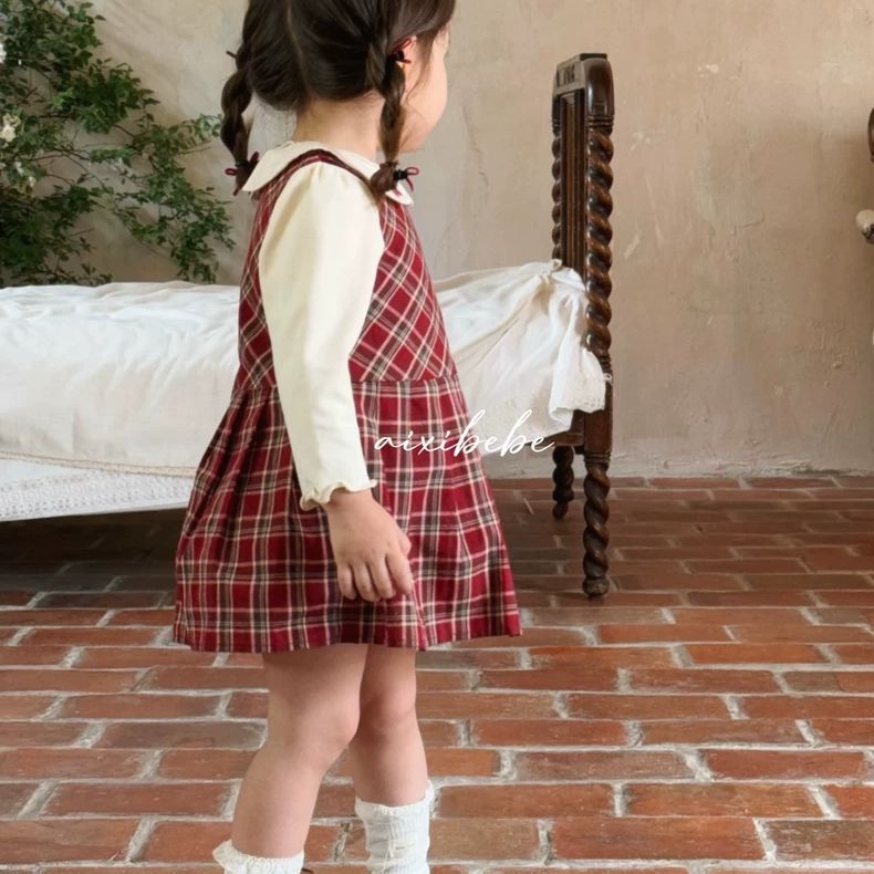 Dječja haljina u korejskom stilu s kariranim uzorkom, ovratnik lutke i plisirana suknja