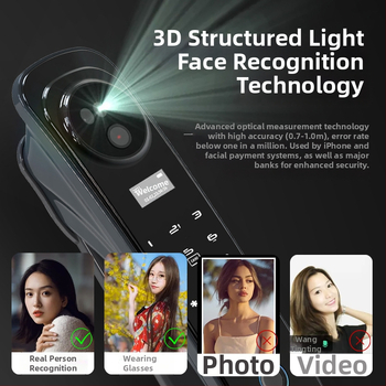 Pametni brava za ulazna vrata s otiskom prsta i prepoznavanjem lica – podrška lozinki i ključa, 100 otisaka, skeniranje <0.1 s, lažno prepoznavanje <0.01%, napajanje DC, radni vijek 10 godina