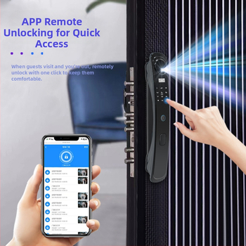 Pametni brava za ulazna vrata s otiskom prsta i prepoznavanjem lica – podrška lozinki i ključa, 100 otisaka, skeniranje <0.1 s, lažno prepoznavanje <0.01%, napajanje DC, radni vijek 10 godina