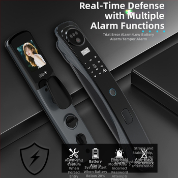 Pametni brava za ulazna vrata s otiskom prsta i prepoznavanjem lica – podrška lozinki i ključa, 100 otisaka, skeniranje <0.1 s, lažno prepoznavanje <0.01%, napajanje DC, radni vijek 10 godina