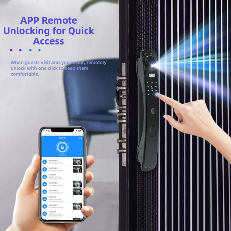 Pametni brava za ulazna vrata s otiskom prsta i prepoznavanjem lica – podrška lozinki i ključa, 100 otisaka, skeniranje <0.1 s, lažno prepoznavanje <0.01%, napajanje DC, radni vijek 10 godina