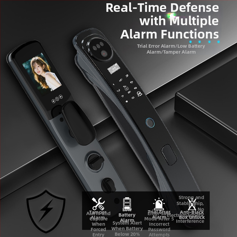 Pametni brava za ulazna vrata s otiskom prsta i prepoznavanjem lica – podrška lozinki i ključa, 100 otisaka, skeniranje <0.1 s, lažno prepoznavanje <0.01%, napajanje DC, radni vijek 10 godina