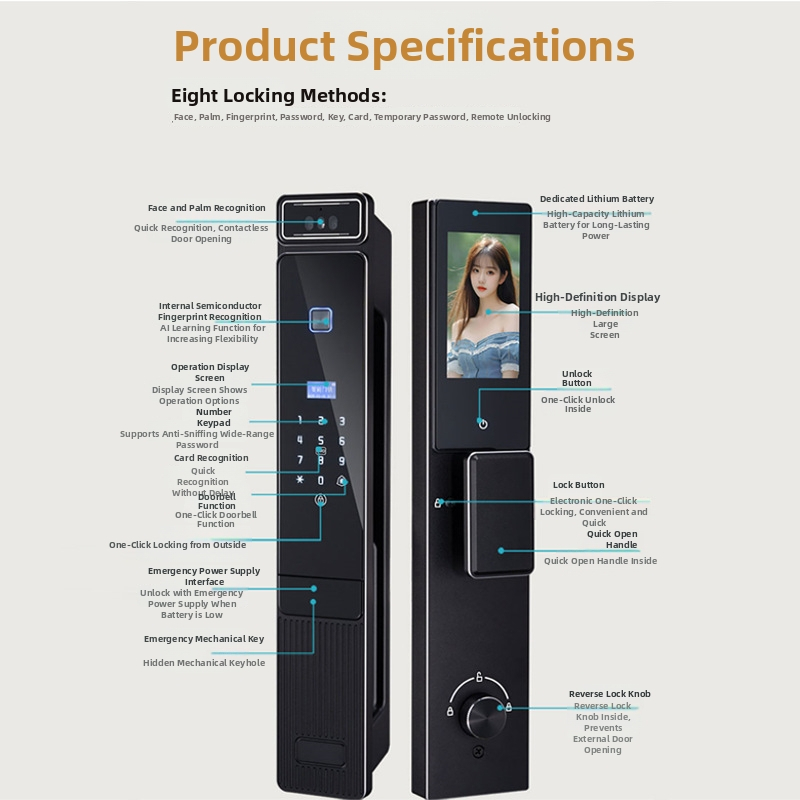 Pametna brava za vrata s 3D prepoznavanjem lica, dlanske vene i otisak prsta, lozinka i upravljanje putem aplikacije (50 otisaka, 10.000+ otključavanja, skeniranje <2s, FAR 1%, FRR <1%)