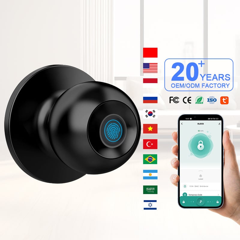 Încuietoare cu amprentă sferică, Bluetooth – Lacăt inteligent pentru casă/oficiu, gestionare de la distanță (Stocare amprente: 20; Ciclu de deblocare: >100000; Timp de deblocare: <1s; Rată de recunoaștere falsă: <0.0001%)