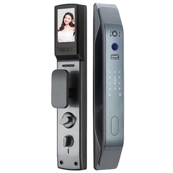 Κλειδαριά με Αναγνώριση Προσώπου και Δακτυλικό Αποτύπωμα — απομακρυσμένο ξεκλείδωμα, κωδικός και κλειδί; 100 αποθηκευμένα αποτυπώματα, πάνω από 20.000 ανοίγματα, σάρωση 0,002 s, -10 έως 60°C, DC τροφοδοσία, κατάλληλη για κύριες θύρες, ξύλινες πόρτες, πόρτε