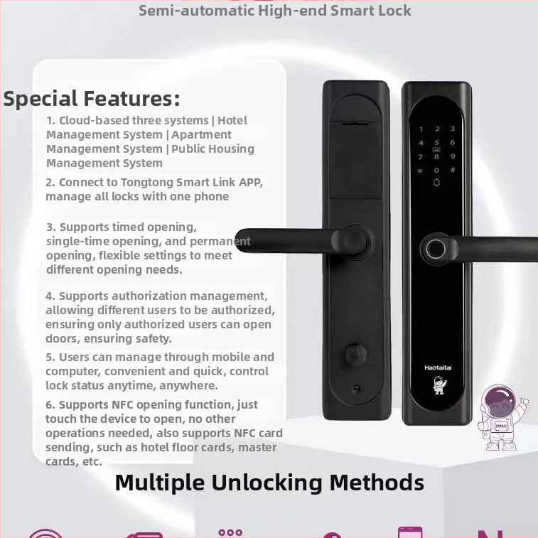 Έξυπνο κλειδί πόρτας με αναγνώριση δακτυλικού αποτυπώματος, κωδικό και κλειδί; 50 αποτυπώματα αποθηκευμένα; σάρωση 0,01 s; πάνω από 100000 ξεκλειδώσεις; τροφοδοσία DC