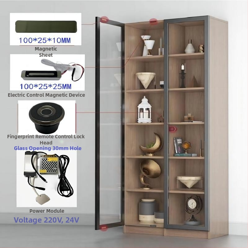 Liou LO1005 Sklenená skriňa s otlačkom prsta, hliníkové rámovanie a magnetický zámok — minimalistická vitrína na vystavenie, ochrana proti krádeži; uchováva 12 otlačkov; viac ako 1 000 000 odomknutí; skenovanie 0,05 s; -20 až 80°C