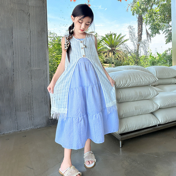 Dječja ljetna haljina bez rukava u korejskom stilu, pamuk-mješavina, 40% pamuk, princes kroj, dvodijeljeni set