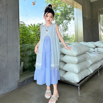 Dječja ljetna haljina bez rukava u korejskom stilu, pamuk-mješavina, 40% pamuk, princes kroj, dvodijeljeni set