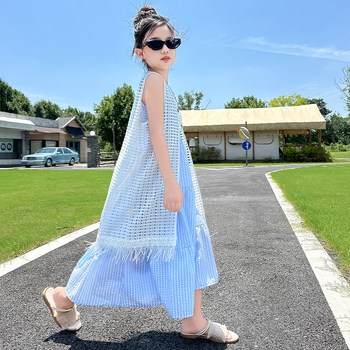 Dječja ljetna haljina bez rukava u korejskom stilu, pamuk-mješavina, 40% pamuk, princes kroj, dvodijeljeni set