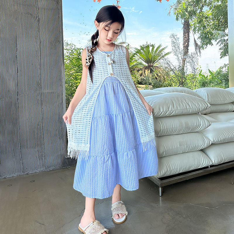 Dječja ljetna haljina bez rukava u korejskom stilu, pamuk-mješavina, 40% pamuk, princes kroj, dvodijeljeni set