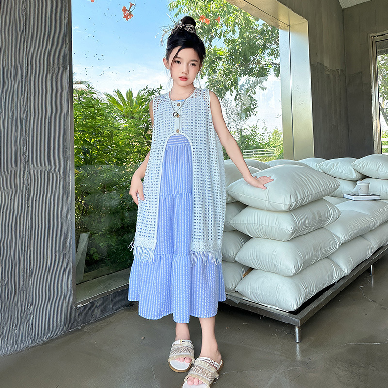 Dječja ljetna haljina bez rukava u korejskom stilu, pamuk-mješavina, 40% pamuk, princes kroj, dvodijeljeni set