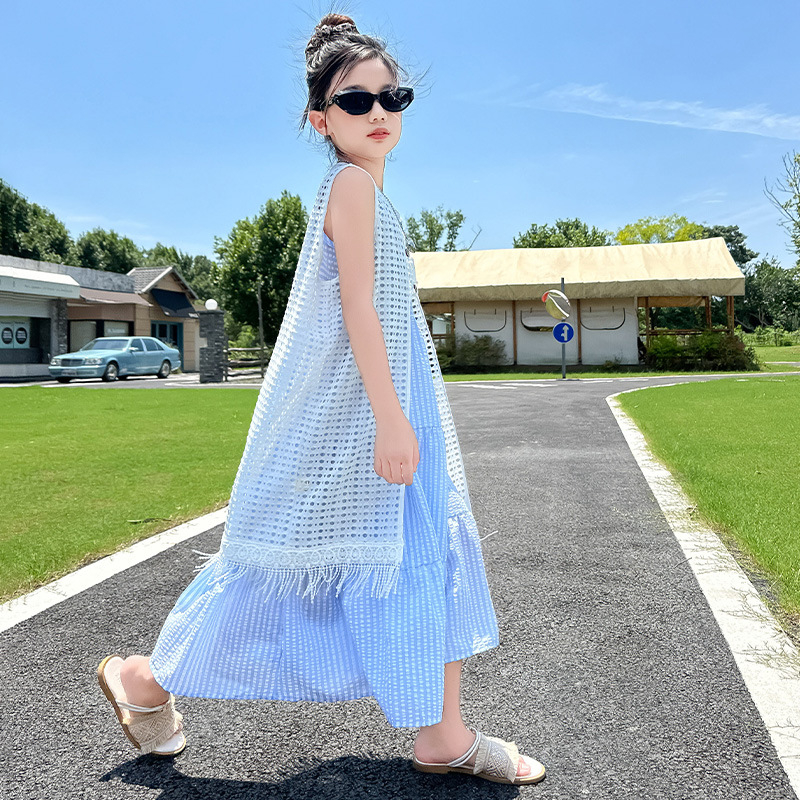 Dječja ljetna haljina bez rukava u korejskom stilu, pamuk-mješavina, 40% pamuk, princes kroj, dvodijeljeni set