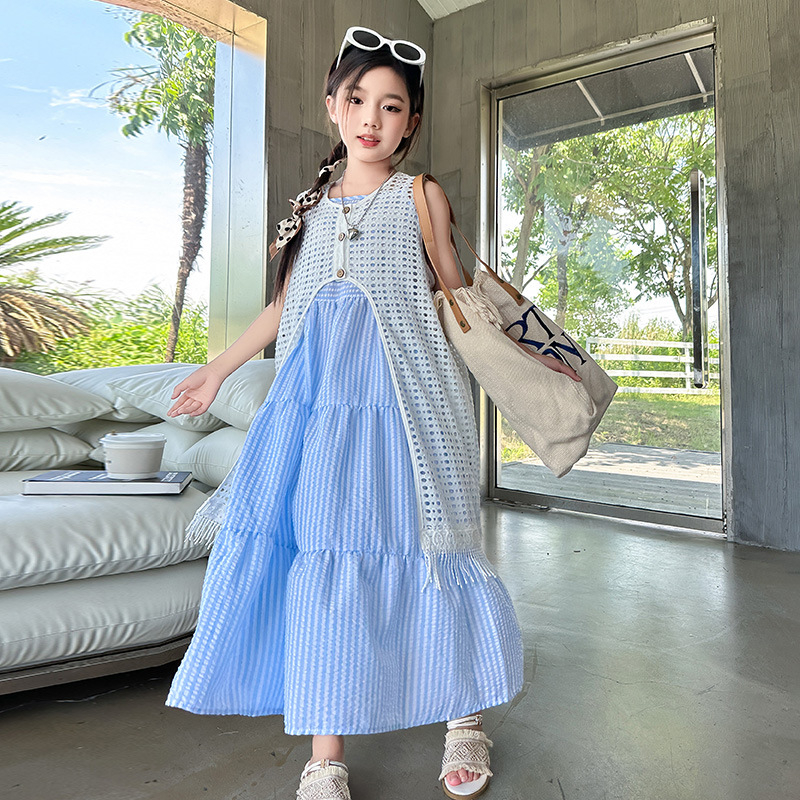 Dječja ljetna haljina bez rukava u korejskom stilu, pamuk-mješavina, 40% pamuk, princes kroj, dvodijeljeni set