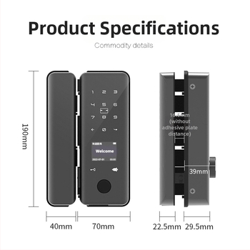 Pametna brava za kancelijske staklene vrata — bez bušenja, s otiskom prsta i lozinkom; memorija otiska 100, više od 100000 otključavanja, skeniranje 0,5 s, napajanje DC