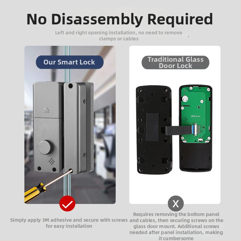 Pametna brava za kancelijske staklene vrata — bez bušenja, s otiskom prsta i lozinkom; memorija otiska 100, više od 100000 otključavanja, skeniranje 0,5 s, napajanje DC