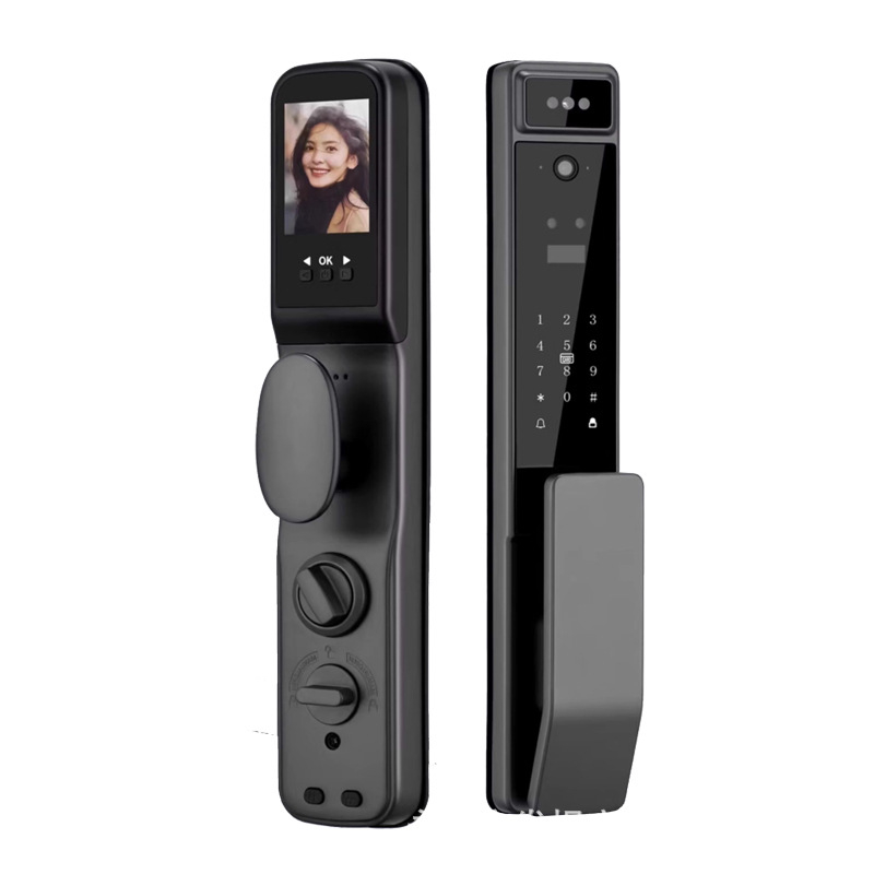 Lacăt inteligent pentru ușă cu recunoaștere facială și amprentă, vizor optic și interfon (100 amprente • >3.000.000 de deblocări • <0,3 s scanare • <0,00001 rată falsă • -10 până la 65°C)