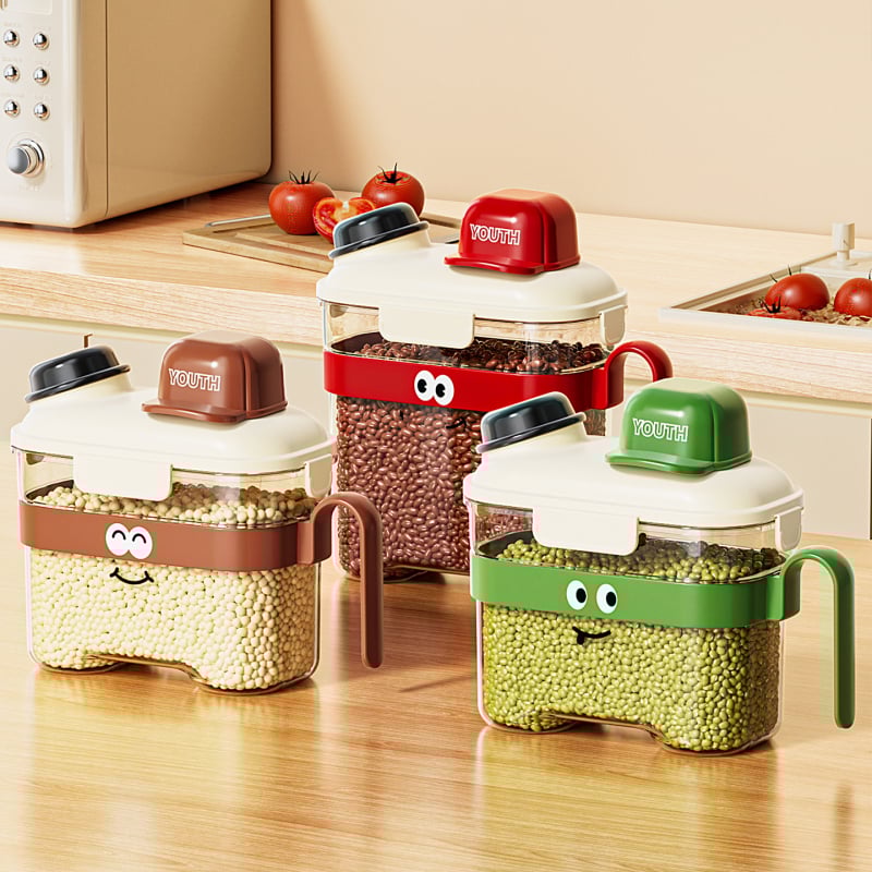 Gabona tároló, zárható, élelmiszer-minőségű, nedvesség- és porálló, négyszögletes alak, PP+PET anyag, kapacitás 2.1–3 L