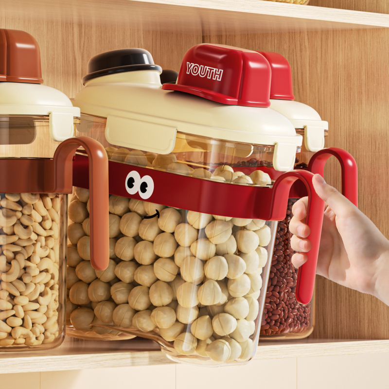 Gabona tároló, zárható, élelmiszer-minőségű, nedvesség- és porálló, négyszögletes alak, PP+PET anyag, kapacitás 2.1–3 L