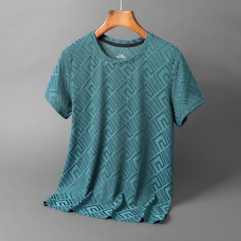 Muško ljetno kratkih rukava ice silk majica, slobodan kroj, 3D jacquard geometrijski uzorak, brzo suši, prozračni poliester