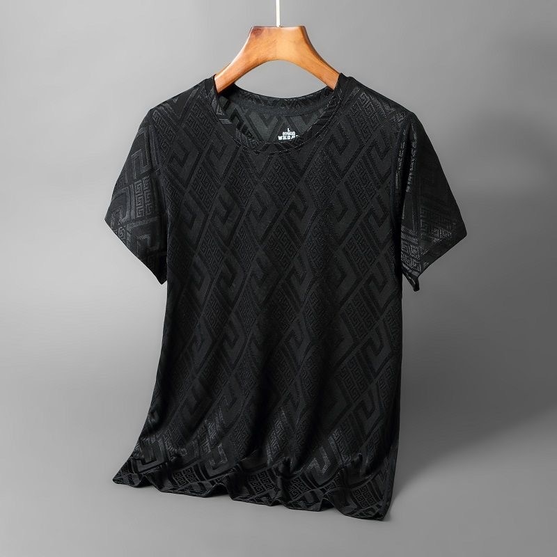 Muško ljetno kratkih rukava ice silk majica, slobodan kroj, 3D jacquard geometrijski uzorak, brzo suši, prozračni poliester