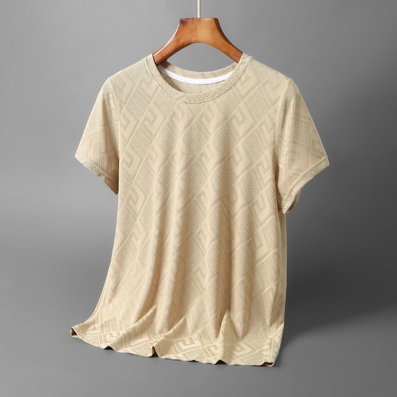 Muško ljetno kratkih rukava ice silk majica, slobodan kroj, 3D jacquard geometrijski uzorak, brzo suši, prozračni poliester