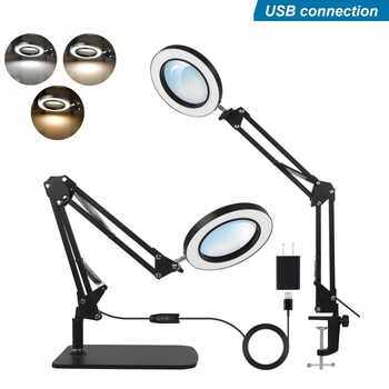 Lampa s povećalom i klipom, USB napajanje, sklopiva stolna lampa za čitanje s 8x/10x povećanjem, metalno sjenilo, 10–15W, CRI ≥90, 3000–6500K, 3 razine svjetline