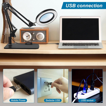 Lampa s povećalom i klipom, USB napajanje, sklopiva stolna lampa za čitanje s 8x/10x povećanjem, metalno sjenilo, 10–15W, CRI ≥90, 3000–6500K, 3 razine svjetline