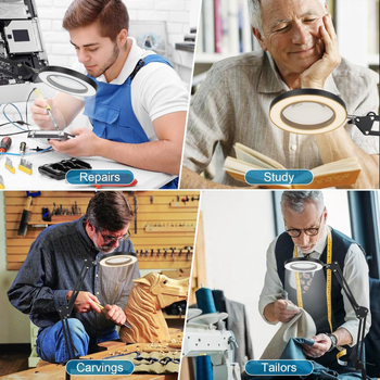 Lampa s povećalom i klipom, USB napajanje, sklopiva stolna lampa za čitanje s 8x/10x povećanjem, metalno sjenilo, 10–15W, CRI ≥90, 3000–6500K, 3 razine svjetline