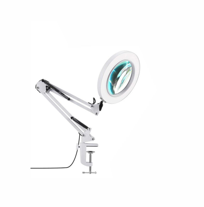 Lampa s povećalom i klipom, USB napajanje, sklopiva stolna lampa za čitanje s 8x/10x povećanjem, metalno sjenilo, 10–15W, CRI ≥90, 3000–6500K, 3 razine svjetline